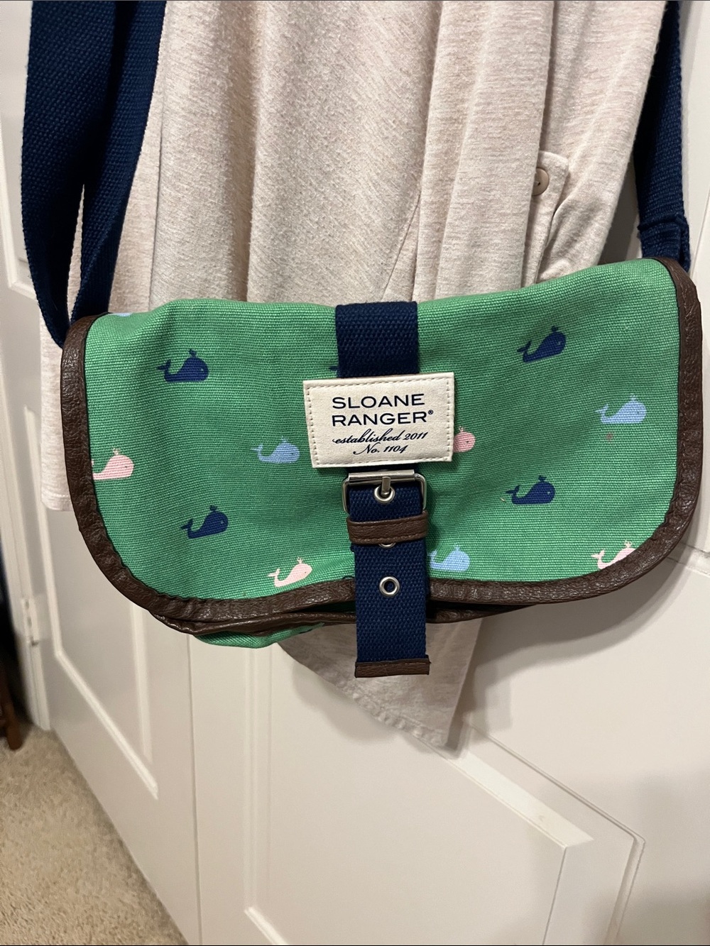 Sloane Ranger Green Canvas Crossbody Bag with Whale Print